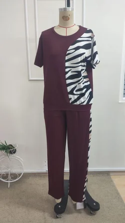 JANES Kadın Kısa Kollu Bisiklet Yaka Zebra Desen Bluz Ve Pantolon Ikili Takım