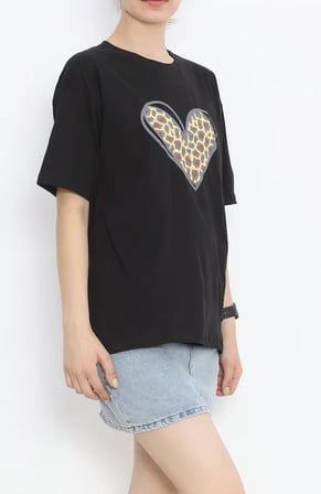 JANES 14 Şubat Sevgililer Günü Leopar Kalp Baskılı Oversize Bisiklet Yaka T-shirt - Siyah