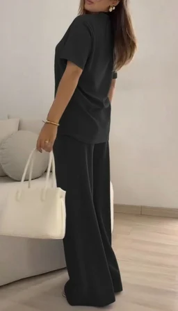 JANES Kadın Kısa Kollu Bisiklet Yaka Viskon Iki Iplik Bluz Ve Pantolon Ikili Takım