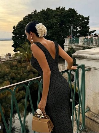 JANES Kadın Askılı V Yakalı Uzun Triko Elbise