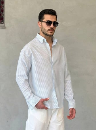 JANES Erkek İnce Çizgili Gofre Kumaş Rahat Kalıp Gömlek