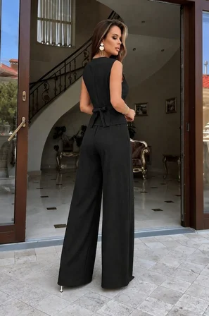 JANES Kadın Askılı önden Düğmeli Bluz Ve Pantolon Keten Ikili Takım
