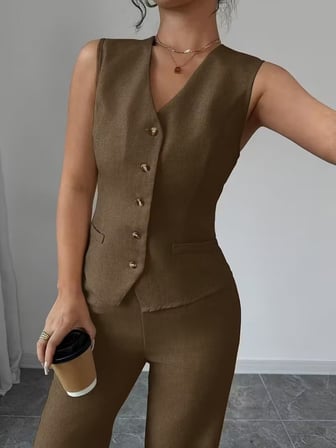 JANES Kadın Askılı önden Düğmeli Bluz Ve Pantolon Keten Ikili Takım