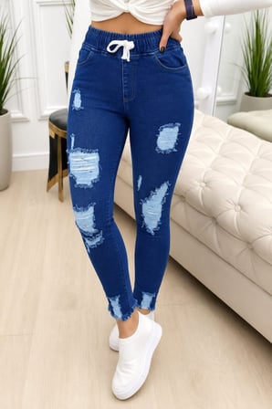 JANES Kadın Yüksek Bel Beli Bağcıklı önden Yırtık Desenli Kot Pantolon