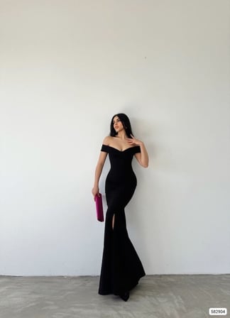 JANES Kadın Madonna Yaka Ithal Krep Maksi Boy Elbise