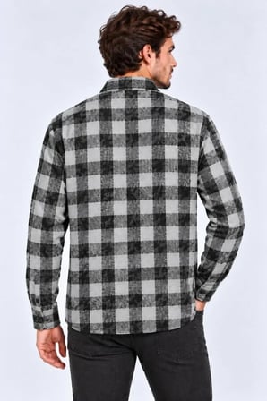 JANES Erkek Ekose Kareli Batik Yıkamalı Şardonlu Uzun Kollu Regular Fit Oduncu Gömlek - Siyah