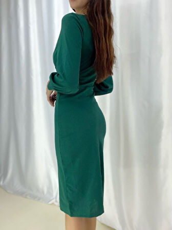 JANES Kadın Kruvaze Yaka Balon Kol Midi Boy Elbise