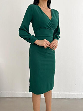 JANES Kadın Kruvaze Yaka Balon Kol Midi Boy Elbise