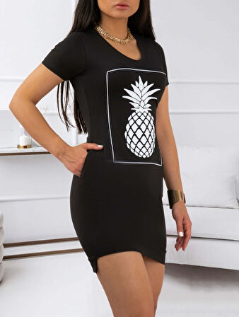 JANES Kadın Ananas Baskılı Kısa Kol Viskon Elbise