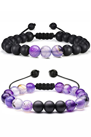 Sertifikalı Doğal Ametist Oniks Taşı Doğal Taş Bileklik Seti