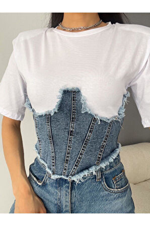 Kadın Beyaz Mavi Korse Detaylı Denim T-shirt Vatkalı Kot Detaylı Kısa Kollu Jean Tişört