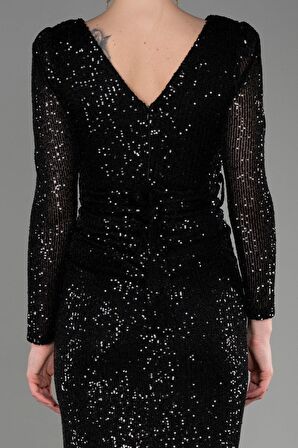 Uzun Kol Yırtmaçlı Midi Pullu Abiye Elbise ABK1808