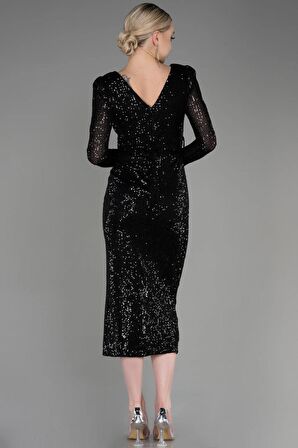 Uzun Kol Yırtmaçlı Midi Pullu Abiye Elbise ABK1808