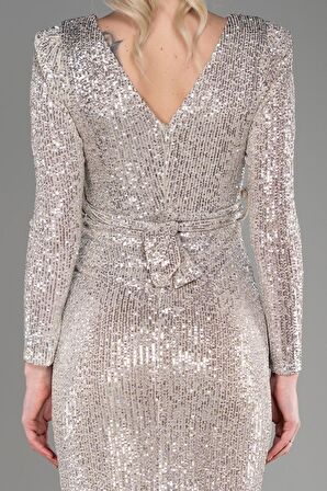 Uzun Kol Yırtmaçlı Midi Pullu Abiye Elbise ABK1808