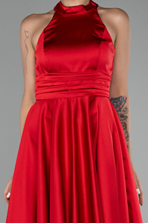 Halter Yaka Kısa Saten Davet Elbisesi ABK2112