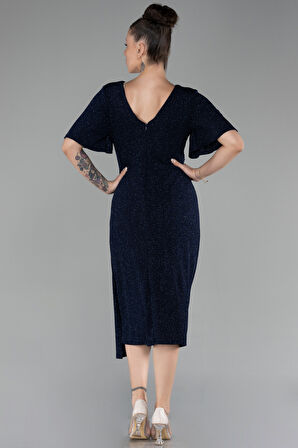 Kısa Kol Midi Simli Büyük Beden Davet Elbisesi ABK2146