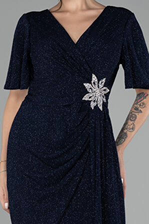 Kısa Kol Midi Simli Büyük Beden Davet Elbisesi ABK2146