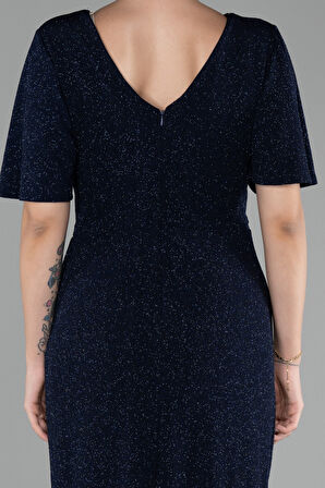 Kısa Kol Midi Simli Büyük Beden Davet Elbisesi ABK2146