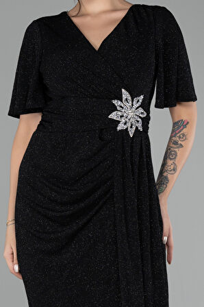 Kısa Kol Midi Simli Büyük Beden Davet Elbisesi ABK2146