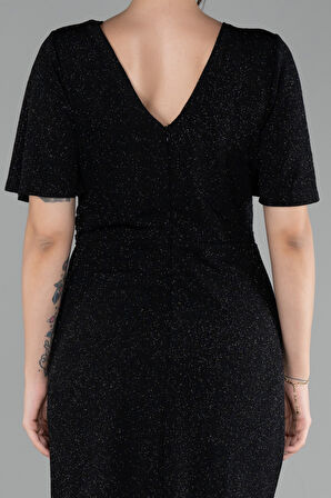 Kısa Kol Midi Simli Büyük Beden Davet Elbisesi ABK2146