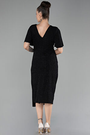 Kısa Kol Midi Simli Büyük Beden Davet Elbisesi ABK2146