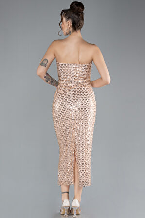 Straplez Midi Boncuklu Davet Elbisesi ABK2176