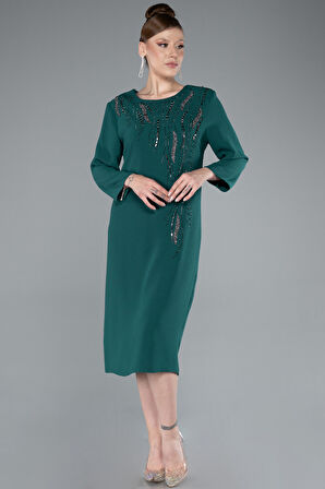 Kapri Kol Taşlı Midi Büyük Beden Davet Elbisesi ABK2197