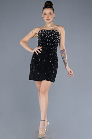 Straplez Taşlı Mini Gece Elbisesi ABK2232