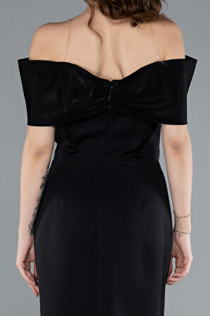 Saten Kayık Yaka Midi Davet Elbisesi ABK2263