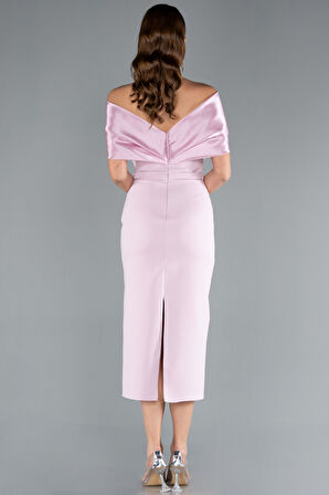 Kayık Yaka Taş Detaylı Midi Davet Elbisesi ABK2279