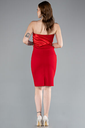 Saten Straplez Yaka Kısa Davet Elbisesi ABK2306