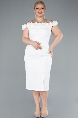 Kayık Yaka Midi Büyük Beden Davet Elbisesi ABK2318