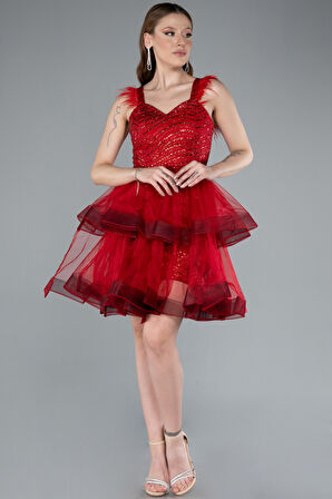 Otriş Askılı Simli Eteği Kat Kat Kısa Abiye ABK2325