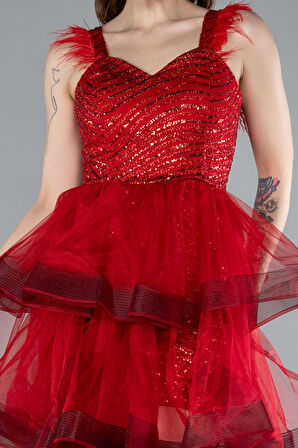 Otriş Askılı Simli Eteği Kat Kat Kısa Abiye ABK2325