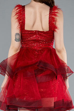 Otriş Askılı Simli Eteği Kat Kat Kısa Abiye ABK2325