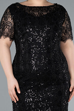 Kısa Kol Midi Boncuklu Büyük Beden Abiye Elbise ABK2330