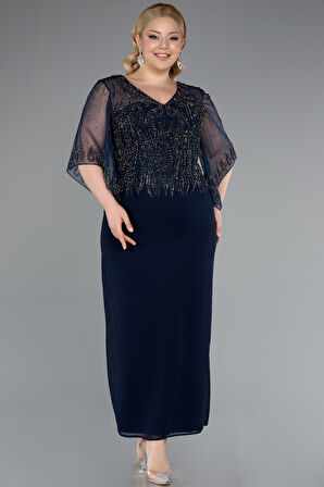 Taşlı V Yaka Kapri Kol Midi Büyük Beden Abiye ABK2333