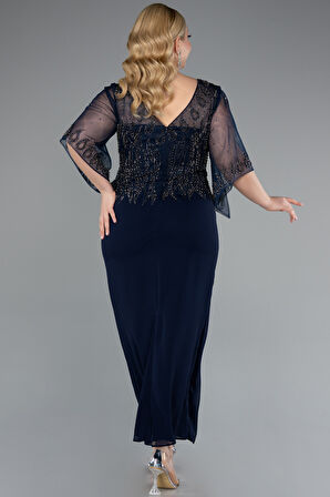 Taşlı V Yaka Kapri Kol Midi Büyük Beden Abiye ABK2333