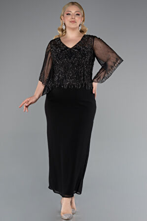 Taşlı V Yaka Kapri Kol Midi Büyük Beden Abiye ABK2333