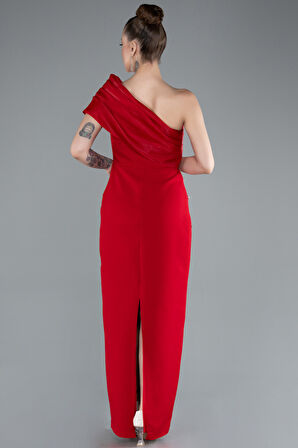 Tek Omuz Taşlı Midi Davet Elbisesi ABK2337