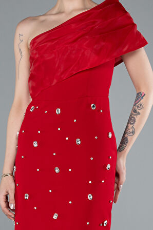 Tek Omuz Taşlı Midi Davet Elbisesi ABK2337