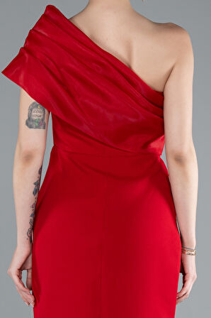 Tek Omuz Taşlı Midi Davet Elbisesi ABK2337