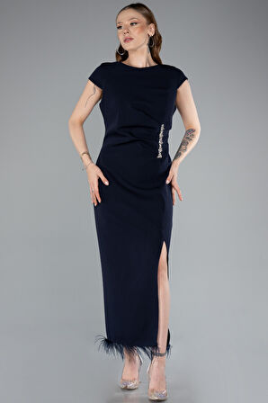 Kısa Kol Yırtmaçlı Midi Büyük Beden Davet Elbisesi ABK2340