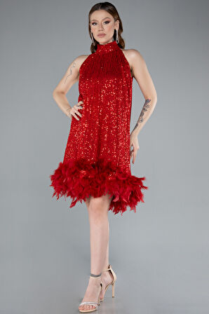 Halter Yaka Eteği Otrişli Kısa Pul Payet Abiye ABK2348