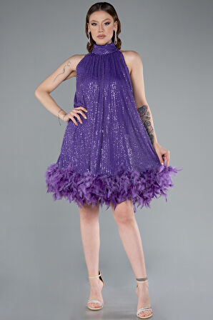 Halter Yaka Eteği Otrişli Kısa Pul Payet Abiye ABK2348