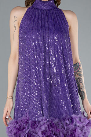 Halter Yaka Eteği Otrişli Kısa Pul Payet Abiye ABK2348