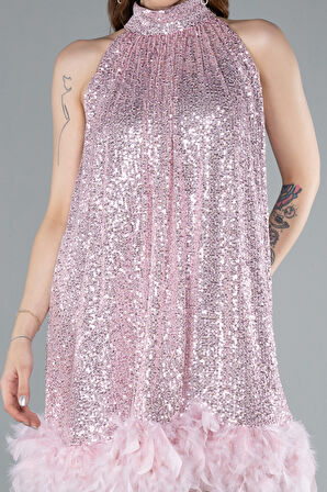 Halter Yaka Eteği Otrişli Kısa Pul Payet Abiye ABK2348