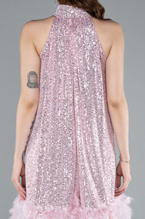 Halter Yaka Eteği Otrişli Kısa Pul Payet Abiye ABK2348