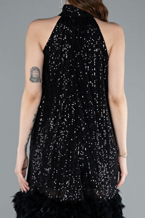 Halter Yaka Eteği Otrişli Kısa Pul Payet Abiye ABK2348