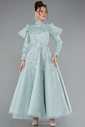 İşlemeli Uzun Kol Dik Yaka Midi Tesettür Abiye ABK2351